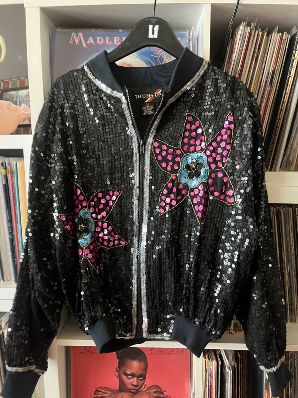 Vintage sequin star flower jacket black pink and teal size L
